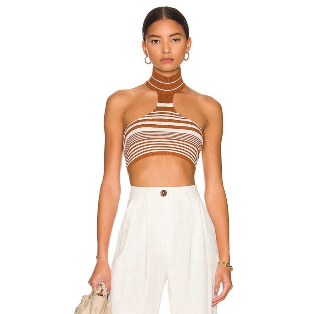 Superdown Brown White Striped Choker Neck Tie Back Knit Crop Top Small NEW